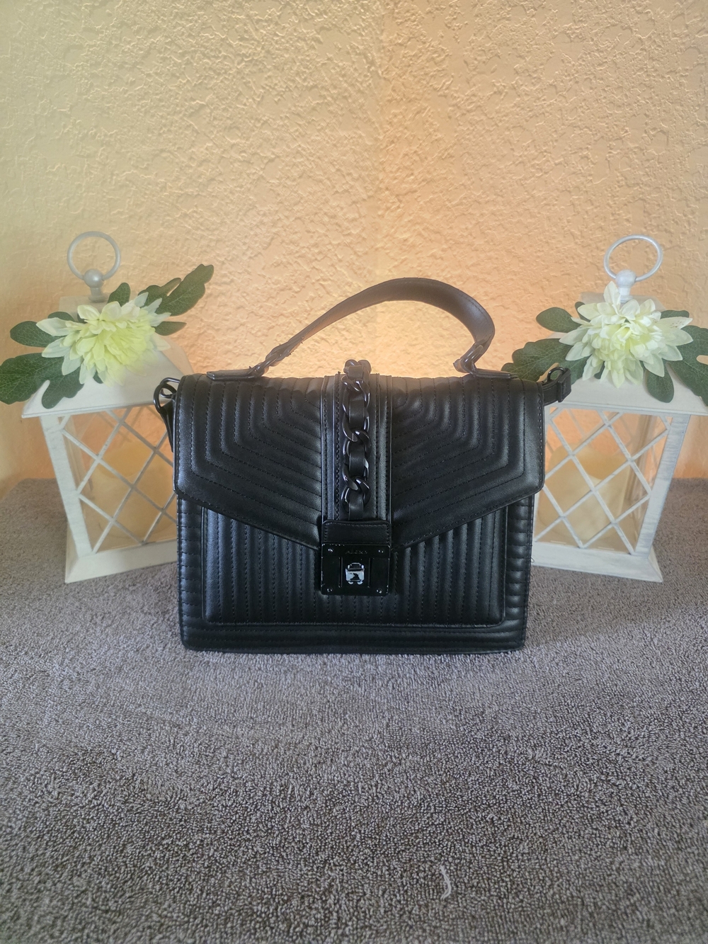 Aldo Black Quilted Top-Handle Satchel with Chain Accent